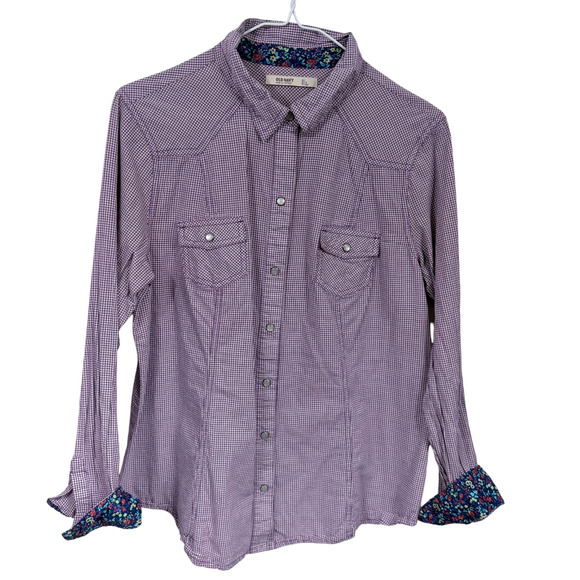 Old Navy Purple Plaid Snap Button Shirt Sz L Flip Cuff Y2K 2010 Western Cowgirl - Picture 2 of 6